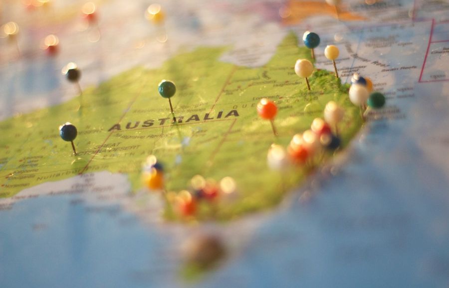 карта австралии, поездка на море на машине, булавки на карте