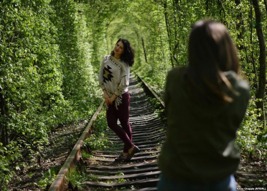 тоннель любви, арка из деревьев, жд, поезд, люди фотографируются